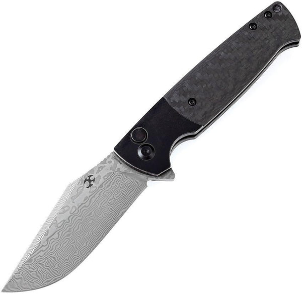 Kansept Knives Skikari SBL Button Lock Twill Carbon Fiber Clip Point Damascus - Knives.mx