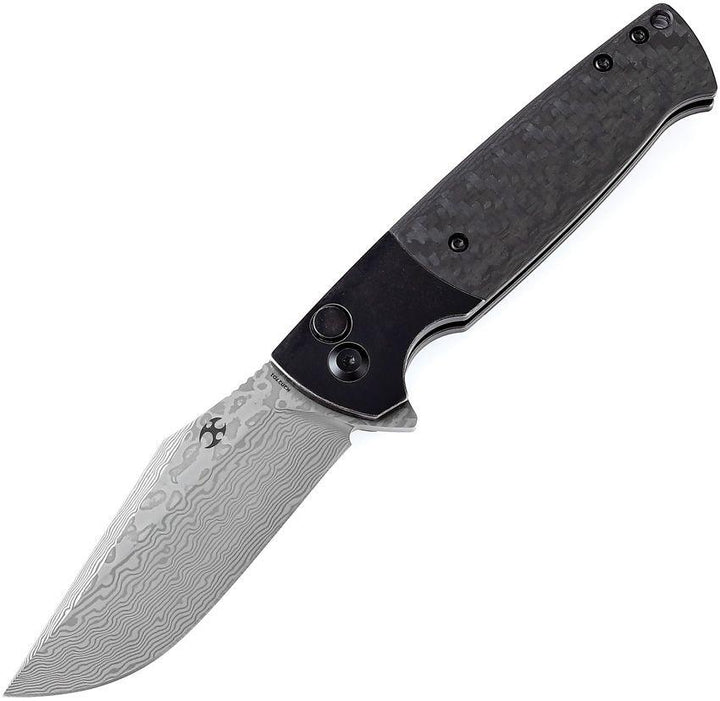 Kansept Knives Skikari SBL Button Lock Twill Carbon Fiber Clip Point Damascus - Knives.mx