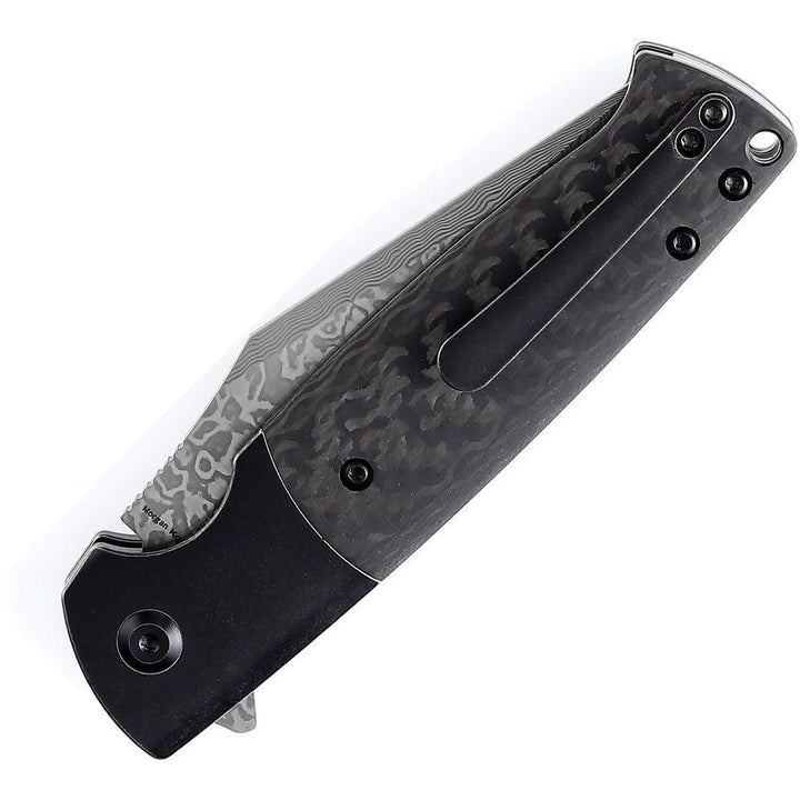 Kansept Knives Skikari SBL Button Lock Twill Carbon Fiber Clip Point Damascus - Knives.mx