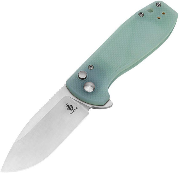 Kizer Cutlery Amicus Button Lock Jade G10 Satin 9Cr18MoV - Knives.mx