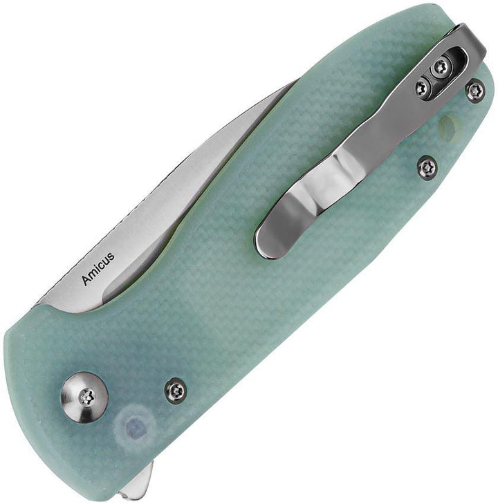 Kizer Cutlery Amicus Button Lock Jade G10 Satin 9Cr18MoV - Knives.mx