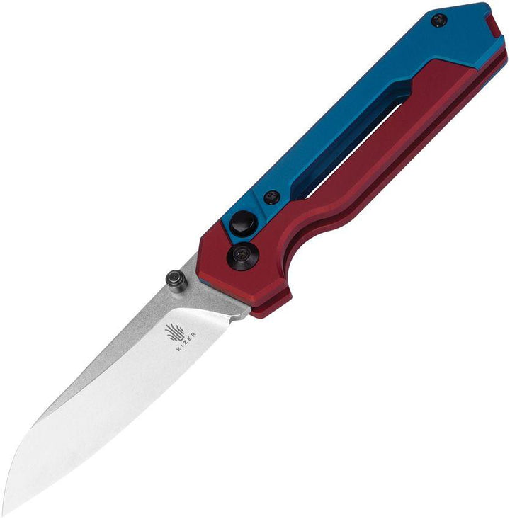 Kizer Cutlery Hyper Button Lock Blue/Red Aluminum Stonewash S35VN - Knives.mx