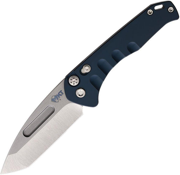 Medford Auto Swift Button Lock Blue Aluminum Tumbled Tanto S45VN - Knives.mx