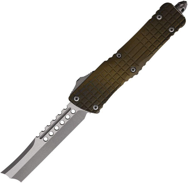 Microtech Auto Combat Delta Flat Dark Earth Grenade Pattern Aluminum Razor Apocalyptic Bohler M390 - Knives.mx