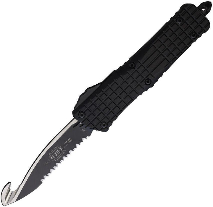 Microtech Auto Combat Troodon Rescue Black Frag Pattern G10 Guthook Serrated Bohler M390 - Knives.mx