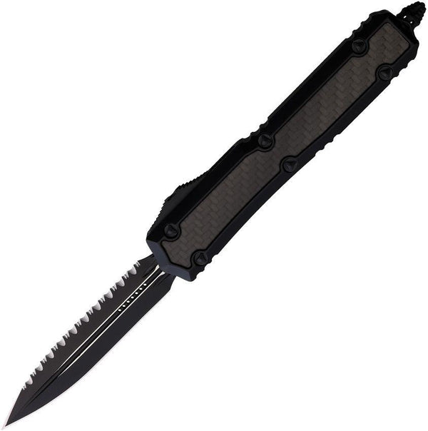 Microtech Auto Makora D/E OTF Black Anodized Aluminum w Carbon Fiber Insert Cerakote Serrated Premium Steel - Knives.mx