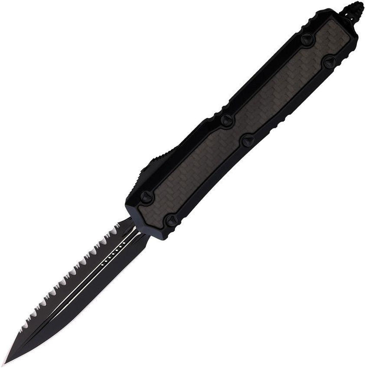 Microtech Auto Makora D/E OTF Black Anodized Aluminum w Carbon Fiber Insert Cerakote Serrated Premium Steel - Knives.mx