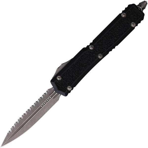 Microtech Auto Makora D/E OTF Black Anodized Aluminum w Textured Inserts Apocalyptic Serrated Bohler M390 - Knives.mx