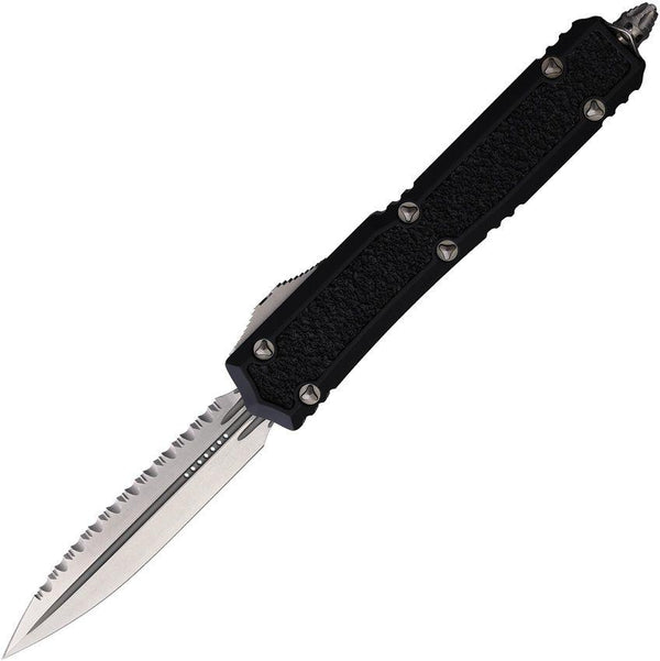 Microtech Auto Makora D/E OTF Black Anodized Aluminum w Textured Inserts Stonewash Serrated Bohler M390 - Knives.mx