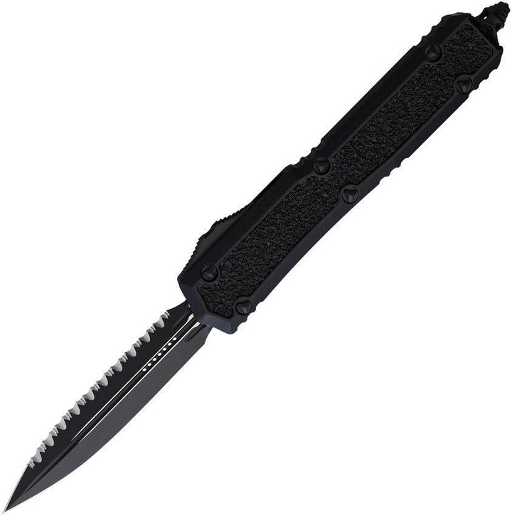 Microtech Auto Makora D/E OTF Blackout Anodized Aluminum w Textured Inserts Cerakote Serrated Bohler M390 - Knives.mx