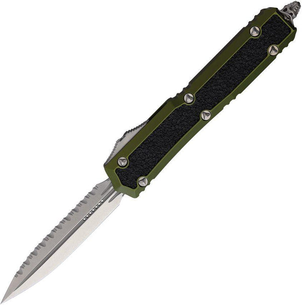 Microtech Auto Makora D/E OTF OD Green Anodized Aluminum w Textured Inserts Stonewash Serrated Bohler M390 - Knives.mx
