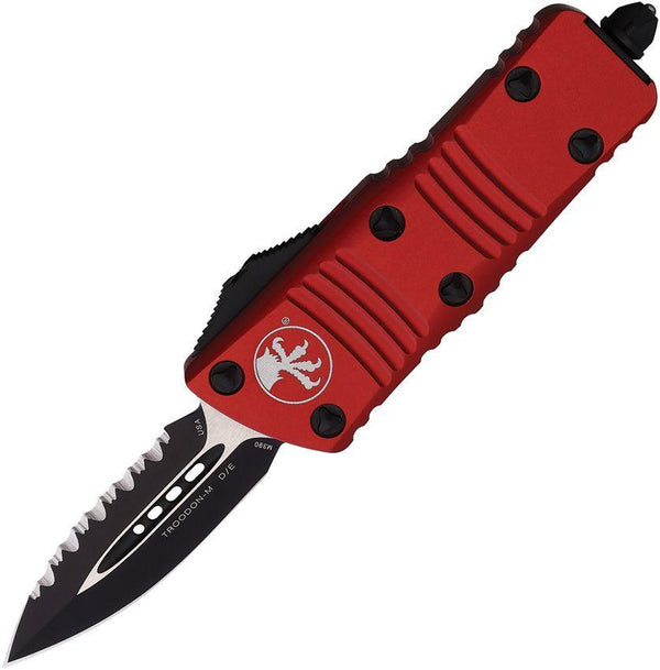 Microtech Auto Mini Troodon D/E OTF Red Aluminum Black Cerakote & Satin Serrated Bohler M390 - Knives.mx