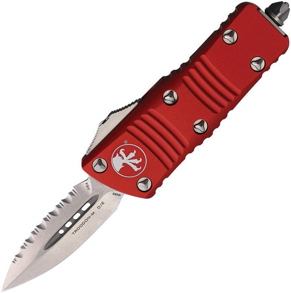 Microtech Auto Mini Troodon D/E OTF Red Anodized Aluminum Stonewash Serrated Bohler M390 - Knives.mx