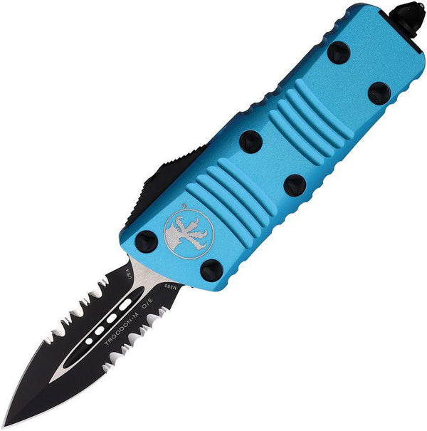 Microtech Auto Mini Troodon D/E OTF Turquoise Aluminum Cerakote & Satin Serrated Bohler M390 - Knives.mx