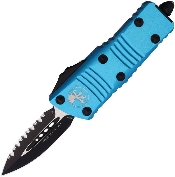 Microtech Auto Mini Troodon D/E OTF Turquoise Anodized Aluminum Cerakote & Satin Serrated Bohler M390 - Knives.mx