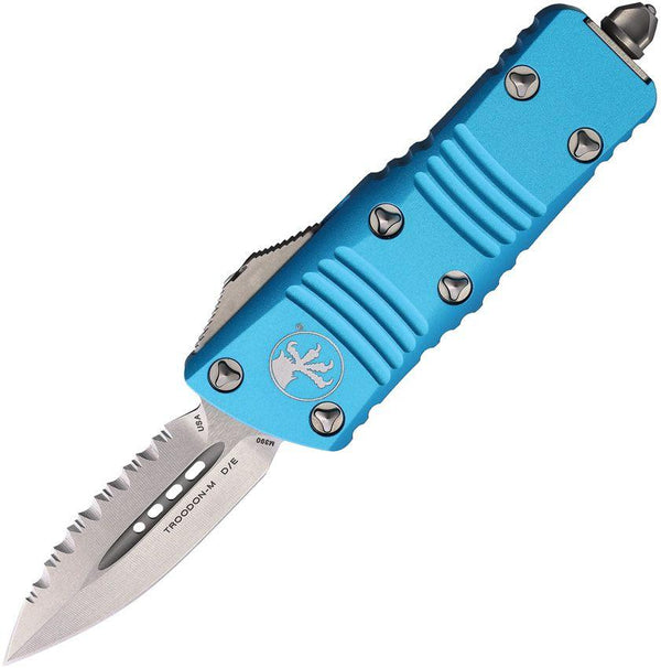 Microtech Auto Mini Troodon D/E OTF Turquoise Anodized Aluminum Stonewash Serrated Bohler M390 - Knives.mx