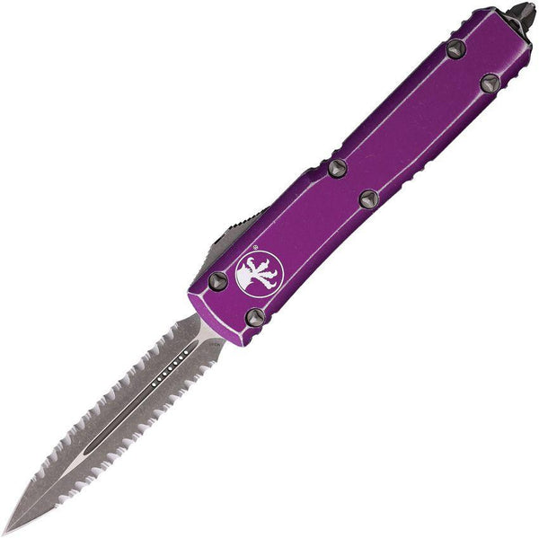 Microtech Auto Ultratech D/E OTF Distressed Violet Anodized Aluminum Apocalyptic F/S Bohler M390 - Knives.mx