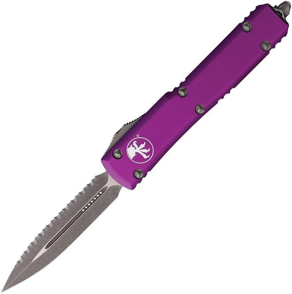 Microtech Auto Ultratech D/E OTF Violet Anodized Aluminum Apocalyptic Serrated Bohler M390 - Knives.mx