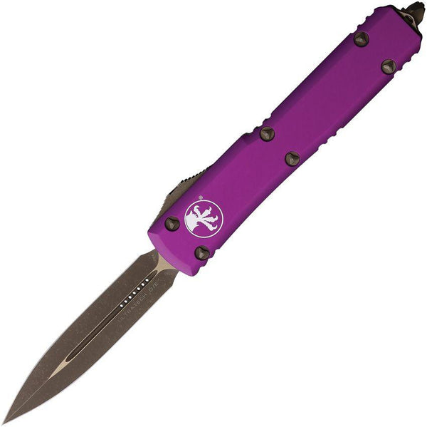 Microtech Auto Ultratech D/E OTF Violet Anodized Aluminum Bronze Apocalyptic Bohler M390 - Knives.mx