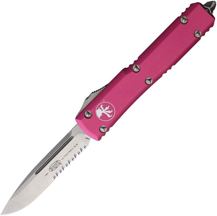 Microtech Auto Ultratech S/E OTF Pink Anodized Aluminum Stonewash Serrated Bohler M390 - Knives.mx