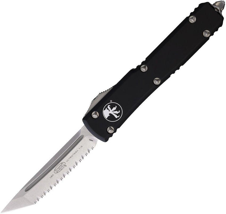 Microtech Auto Ultratech T/E OTF Black Anodized Aluminum Stonewash Serrated Tanto Bohler M390 - Knives.mx