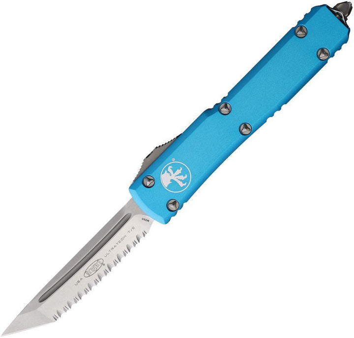 Microtech Auto Ultratech T/E OTF SW Turquoise Anodized Aluminum Stonewash Serrated Tanto Bohler M390 - Knives.mx