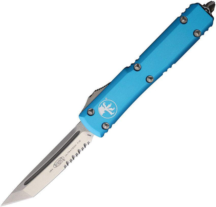Microtech Auto Ultratech T/E OTF Turquoise Anodized Aluminum Stonewash Serrated Tanto Bohler M390 - Knives.mx