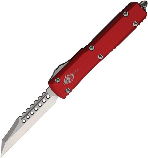 Microtech Auto Ultratech Warhound OTF Red Anodized Aluminum Stonewash Wharncliffe Bohler M390 - Knives.mx