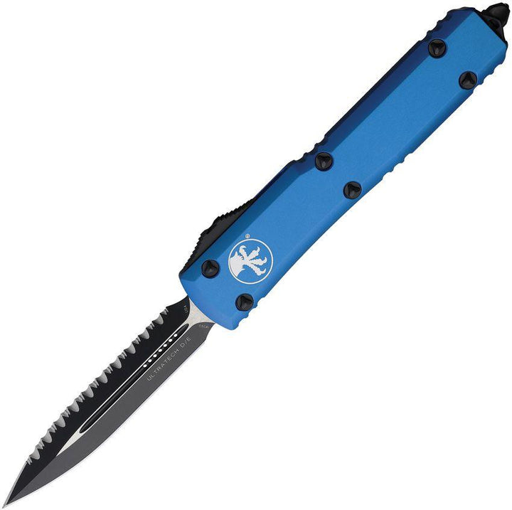 Microtech Auto Ut D/E Blue Anodized Aluminum Partially Serrated Satin & Cerakote Bohler M390 - Knives.mx