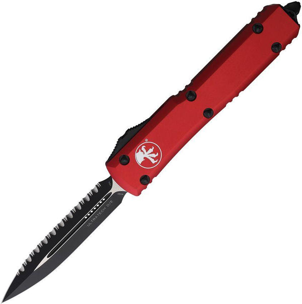 Microtech Auto Ut D/E Red Anodized Aluminum Partially Serrated Satin & Cerakote Bohler M390 - Knives.mx