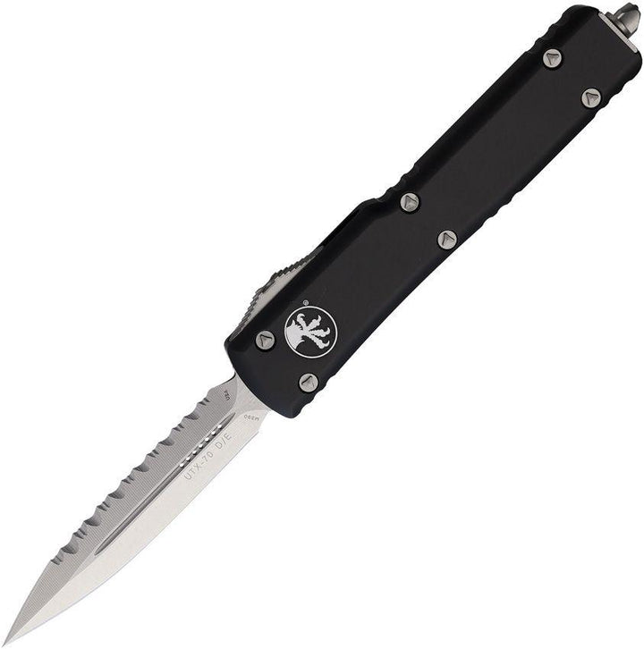 Microtech Auto UTX-70 S/E OTF Black Anodized Aluminum Stonewash Serrated Bohler M390 - Knives.mx