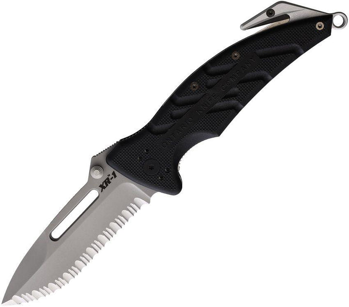 Ontario XR-1 Extreme Rescue Linerlock Full Serrated Bead Blast Bohler N690 - Knives.mx