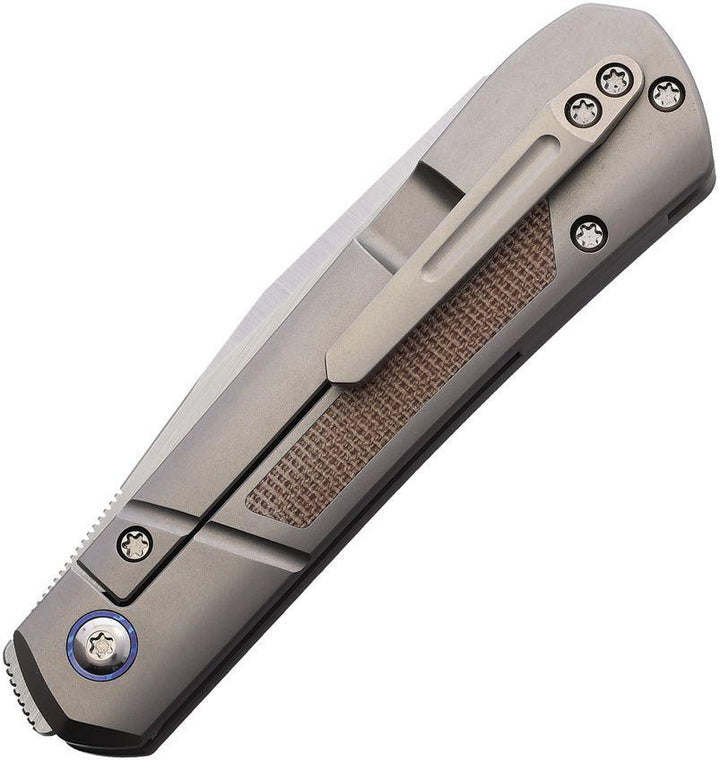 Peña Knives XL Raptor Framelock Gray Titanium w Brown Micarta Inlay Satin Bohler M390 - Knives.mx