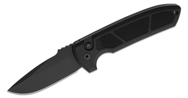 Protech Les George Rockeye Operator Auto Black Aluminum w Textured Handle Tritium Button Black DLC CPM-D2 - Knives.mx