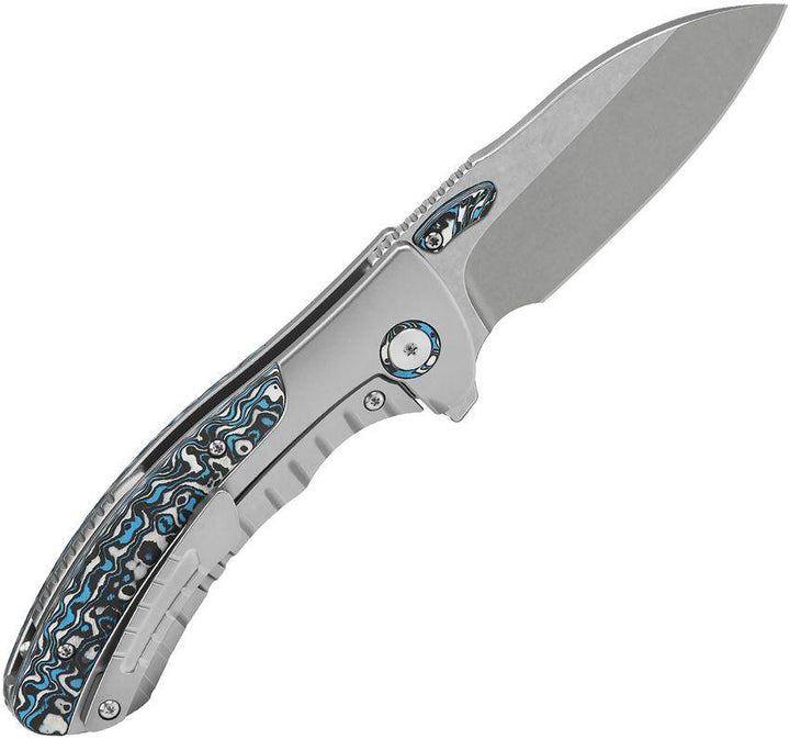 QSP Knife Capybara Framelock Bead Blast Titanium w Blue Carbon Fiber Stonewash Bohler M390 - Knives.mx
