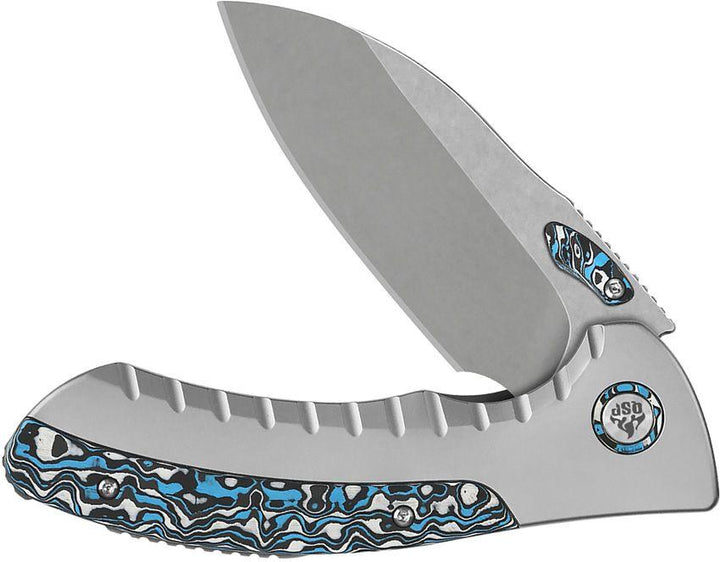 QSP Knife Capybara Framelock Bead Blast Titanium w Blue Carbon Fiber Stonewash Bohler M390 - Knives.mx