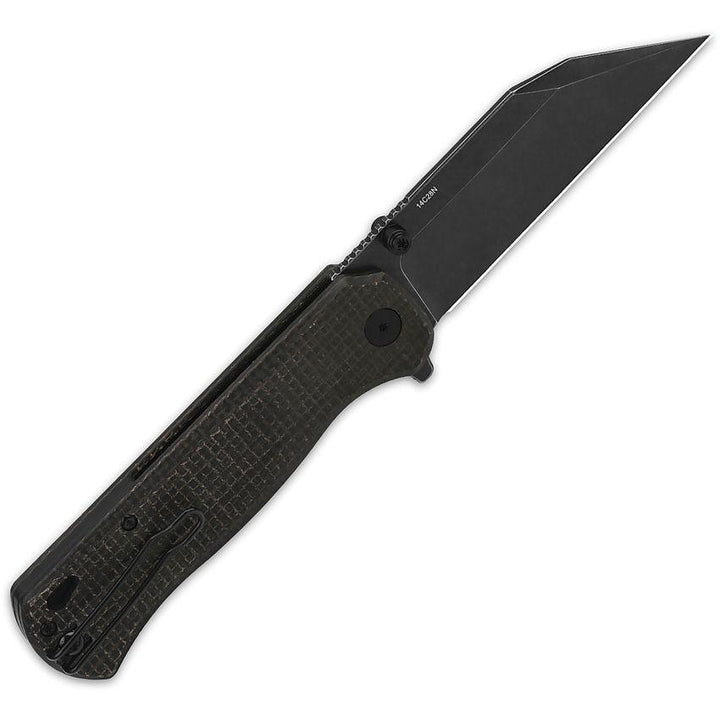 QSP Knife Swordfish Button Lock Dark Brown Micarta Black Stonewash 14C28N Sandvik - Knives.mx