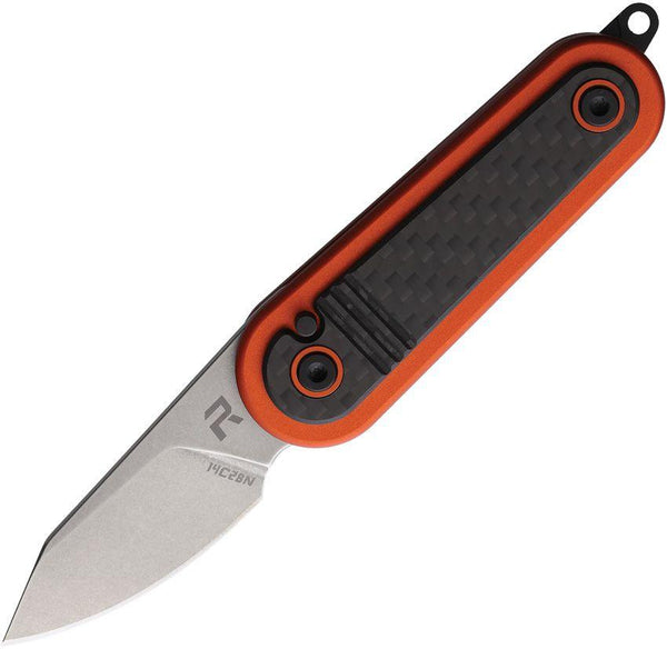 Revo Spirit Button Lock Orange Stainless w Carbon Fiber Stonewash 14C28N Sandvik - Knives.mx