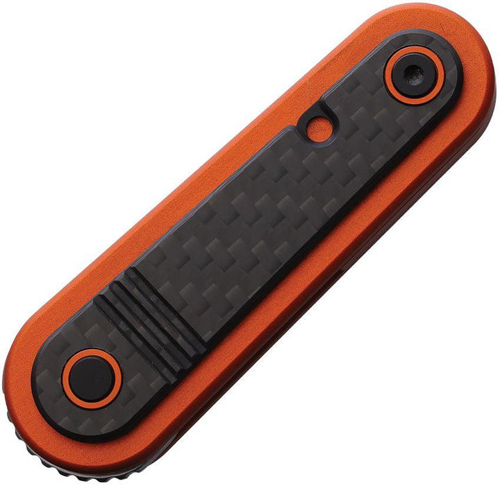 Revo Spirit Button Lock Orange Stainless w Carbon Fiber Stonewash 14C28N Sandvik - Knives.mx