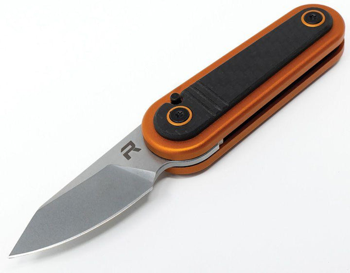 Revo Spirit Button Lock Orange Stainless w Carbon Fiber Stonewash 14C28N Sandvik - Knives.mx