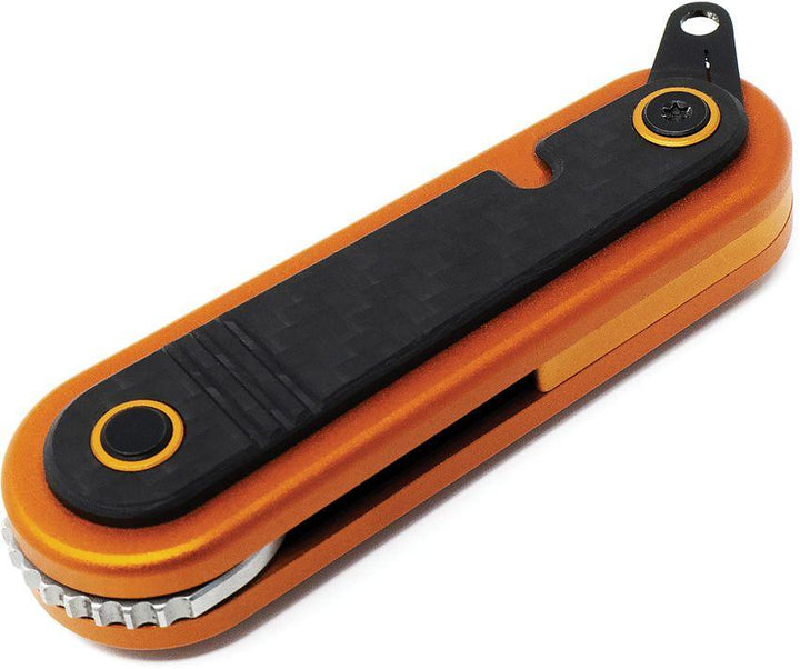 Revo Spirit Button Lock Orange Stainless w Carbon Fiber Stonewash 14C28N Sandvik - Knives.mx