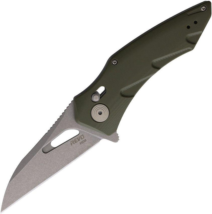 Revo Storm Crossbar Lock Green G10 Stonewash Wharncliffe VG-10 - Knives.mx