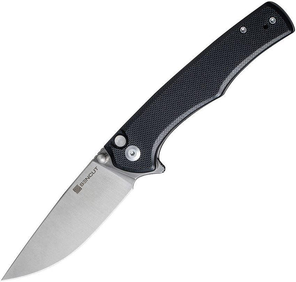 SENCUT Crowley Button Lock Black G10 Satin Drop Point D2 - Knives.mx