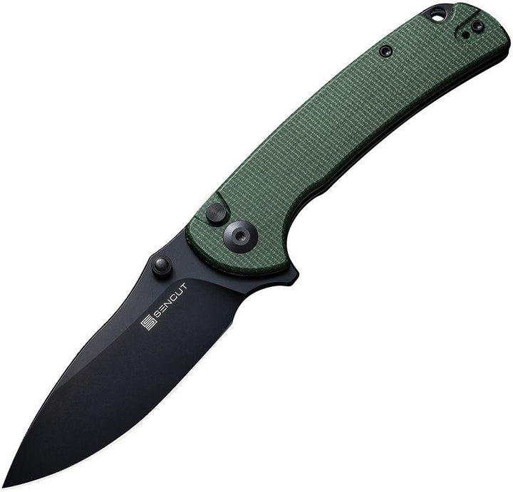 SENCUT Pulsewave Button Lock Green Canvas Micarta Black Stonewash 9Cr18MoV - Knives.mx