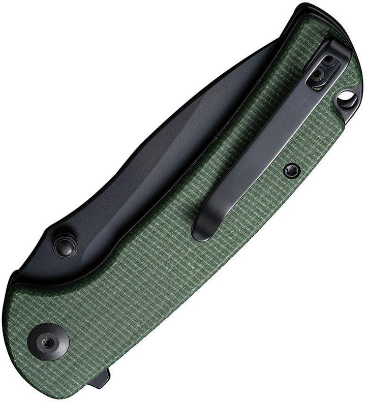 SENCUT Pulsewave Button Lock Green Canvas Micarta Black Stonewash 9Cr18MoV - Knives.mx