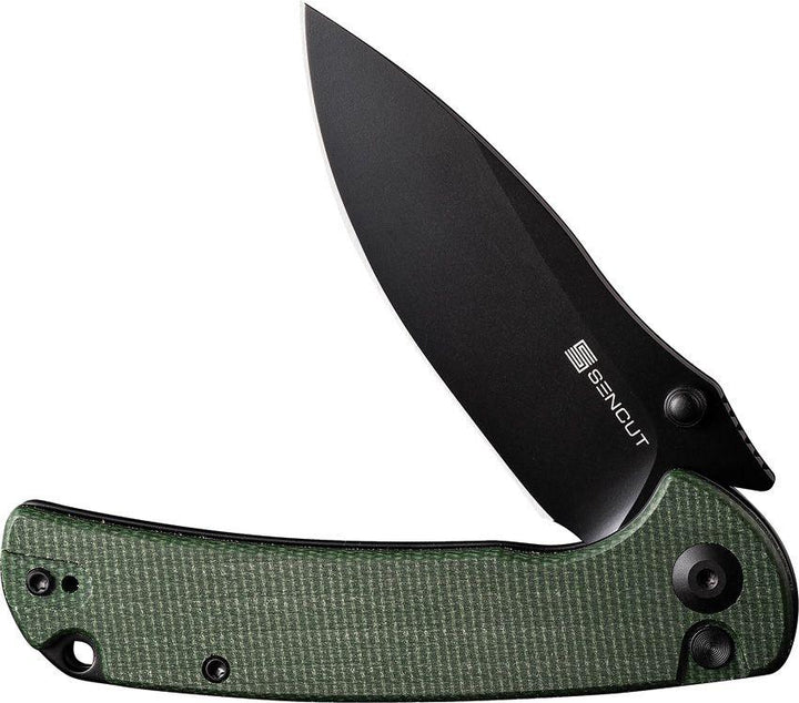 SENCUT Pulsewave Button Lock Green Canvas Micarta Black Stonewash 9Cr18MoV - Knives.mx