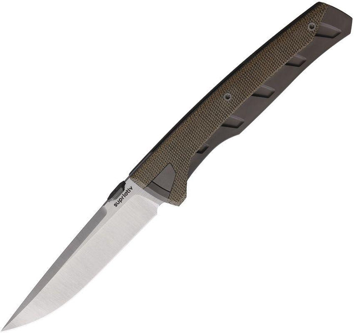 Suprlativ Matador Framelock Dark Gray Titanium w Green Micarta Inlay Satin Bohler M390 - Knives.mx
