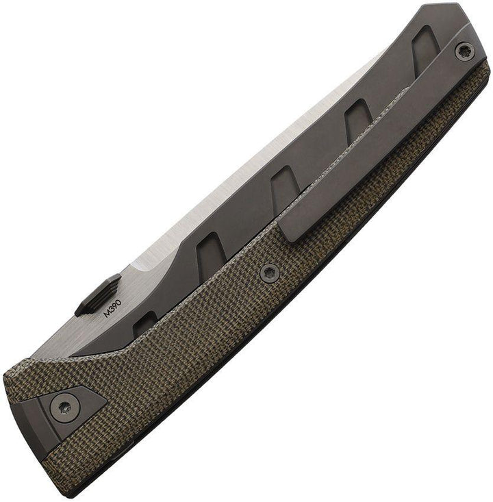 Suprlativ Matador Framelock Dark Gray Titanium w Green Micarta Inlay Satin Bohler M390 - Knives.mx