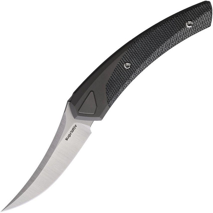 Suprlativ Piranha Magnet Lock Dark Gray Titanium w Black Canvas Micarta Inlay Satin CPM-M4 - Knives.mx