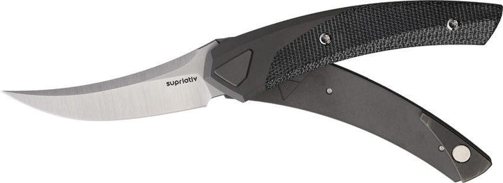 Suprlativ Piranha Magnet Lock Dark Gray Titanium w Black Canvas Micarta Inlay Satin CPM-M4 - Knives.mx